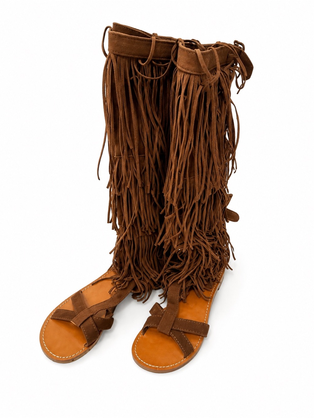Women’s Fringe Suede Knee-High Moccasin Sandals in Brown